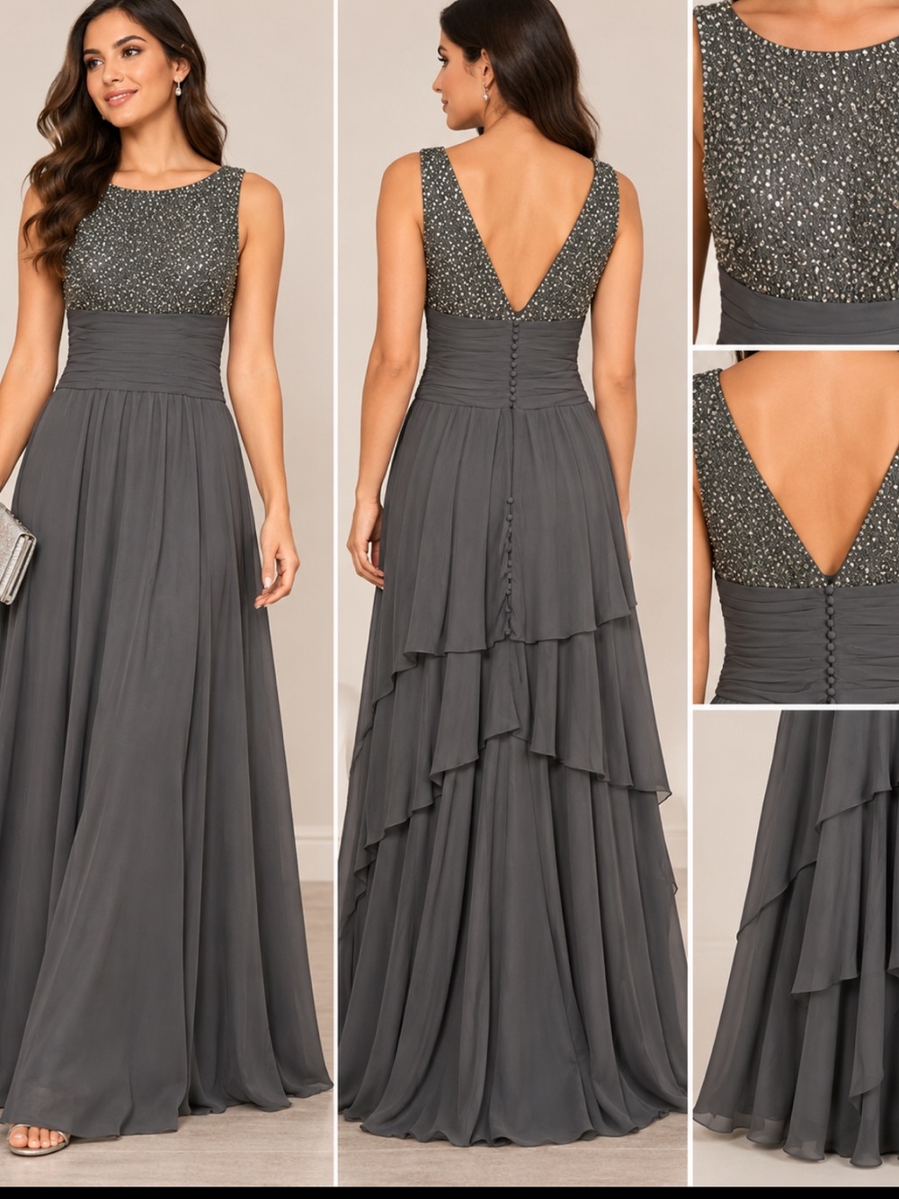 Gray formal maxi dress size medium mother of bride, bridesmaid, wedding guest,l